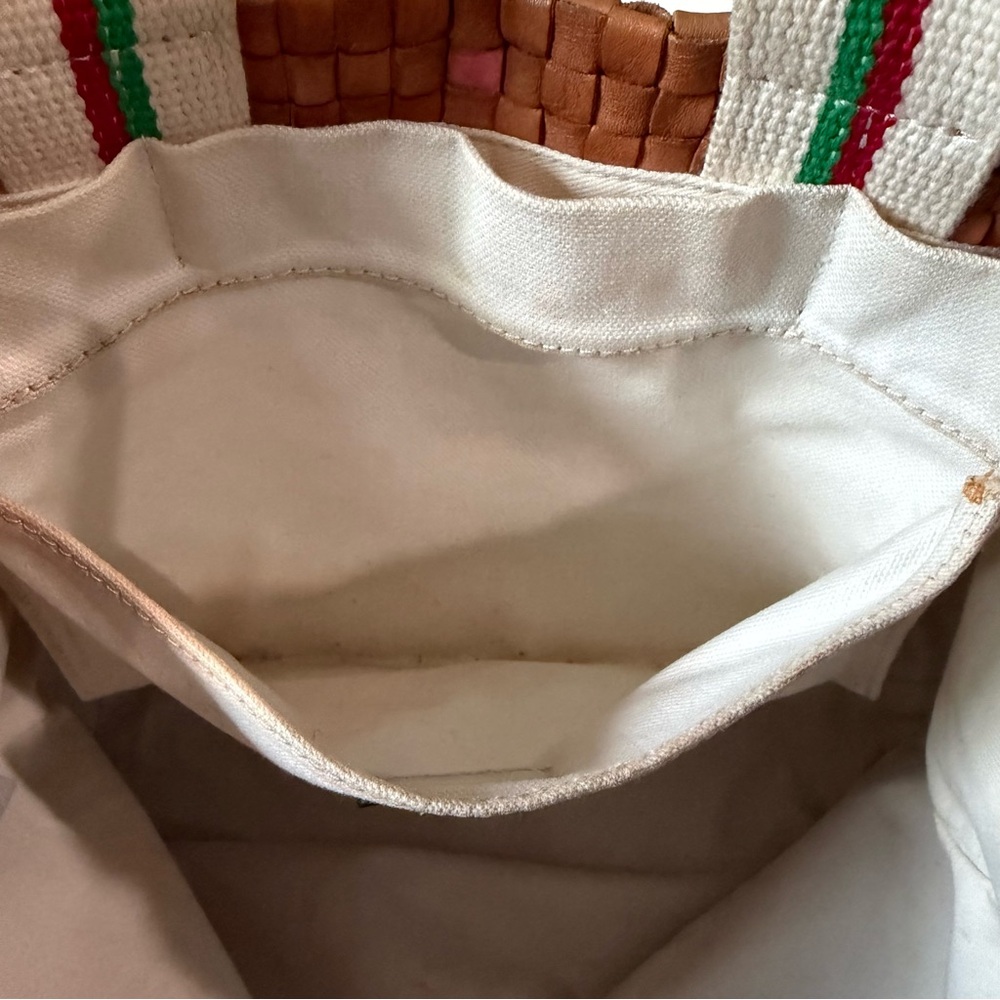 Woven Tan Leather Tote Bag with Multicolor Stripes - Picture 6 of 10